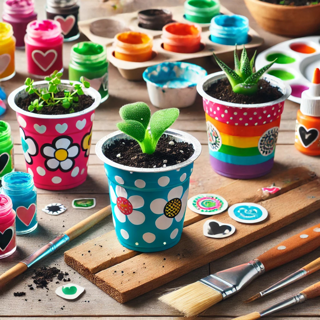 Selbstgemachte Blumentöpfe aus Joghurtbechern – Beispielbild
